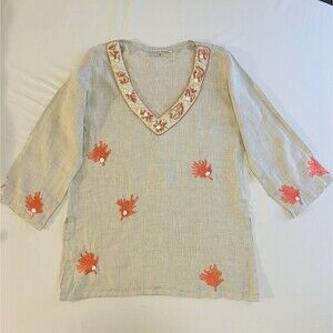 Barbara Gerwit Linen Tunic Kaftan Top S Coral Shell Embroidered Beach Coverup